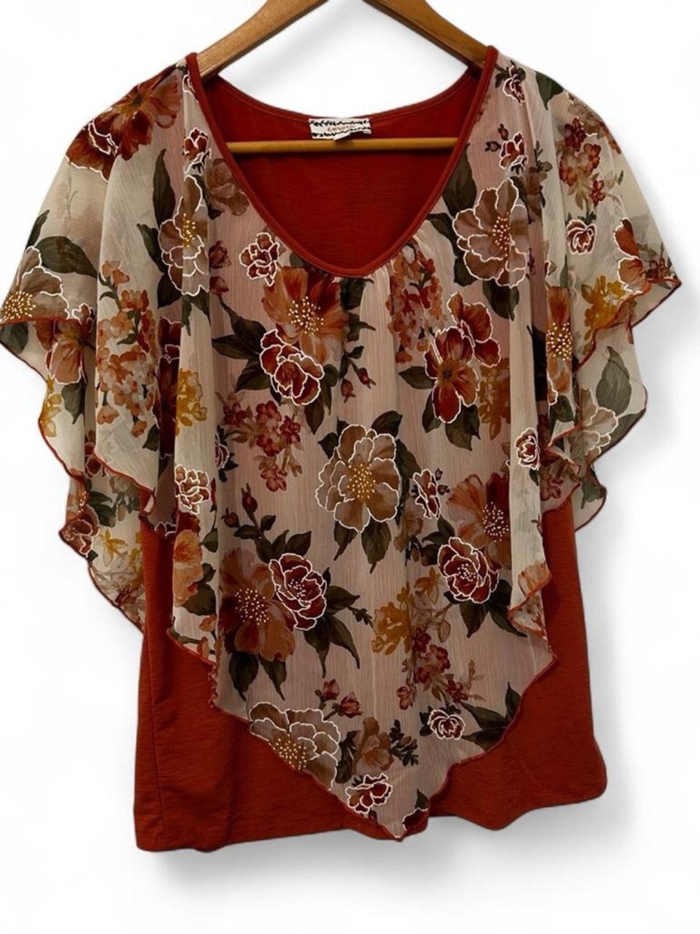 Women's M Rust Floral Sheer Overlay V-Neck Blouse Cottage Office Fairy Romantic
